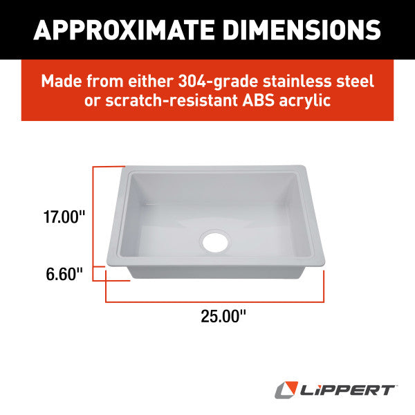 Lippert 809032 Single Kitchen Galley Sink - 25" x 17" x 6.6" White ABS Plastic