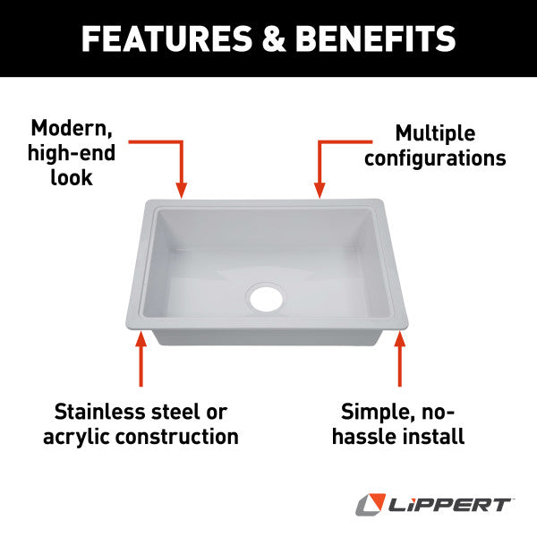 Lippert 809032 Single Kitchen Galley Sink - 25" x 17" x 6.6" White ABS Plastic