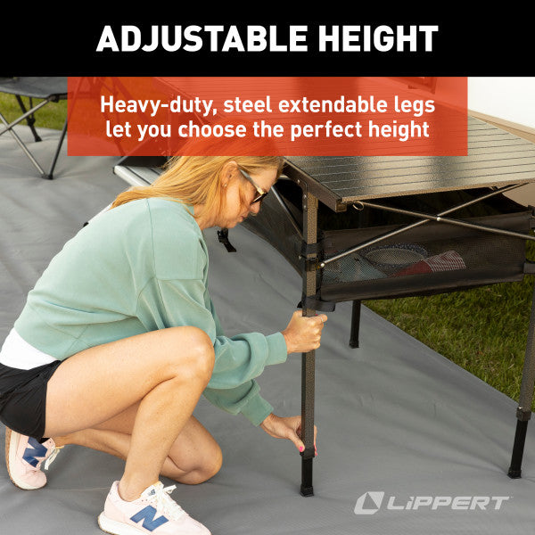 Lippert Camping Dining Table, Slatted Aluminum Tabletop, Foldable Design, Heavy-Duty Steel Legs, Powder-Coated Protection, Mesh Storage Shelf, 80-lb. Capacity, Carrying Bag - 2022122524
