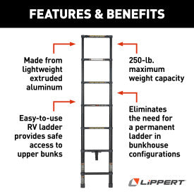Lippert Collapsible RV Bunk Bed Ladder with 7’ Length, 250-lb. Weight Capacity, Telescoping Design, Two Female Attachment Brackets Included - 2024044562