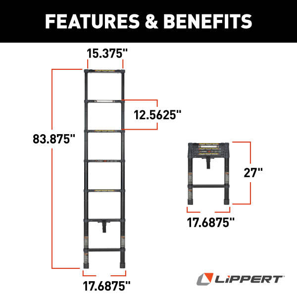 Lippert Collapsible RV Bunk Bed Ladder with 7’ Length, 250-lb. Weight Capacity, Telescoping Design, Two Female Attachment Brackets Included - 2024044562