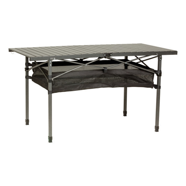 Lippert Camping Dining Table, Slatted Aluminum Tabletop, Foldable Design, Heavy-Duty Steel Legs, Powder-Coated Protection, Mesh Storage Shelf, 80-lb. Capacity, Carrying Bag - 2022122524