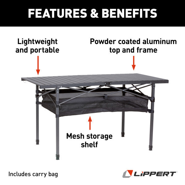 Lippert Camping Dining Table, Slatted Aluminum Tabletop, Foldable Design, Heavy-Duty Steel Legs, Powder-Coated Protection, Mesh Storage Shelf, 80-lb. Capacity, Carrying Bag - 2022122524