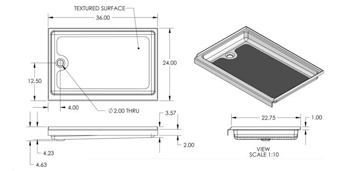 Specialty Recreation SP2436PL - Shower Pan; 24 Inch x 36 Inch x 3.57 To 4.23 Inch Left Hand Drain